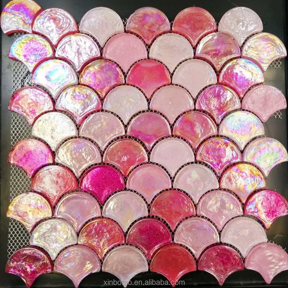 Pink Fan Fish Scale Glass Iridescent Mosaic Pool Tiles