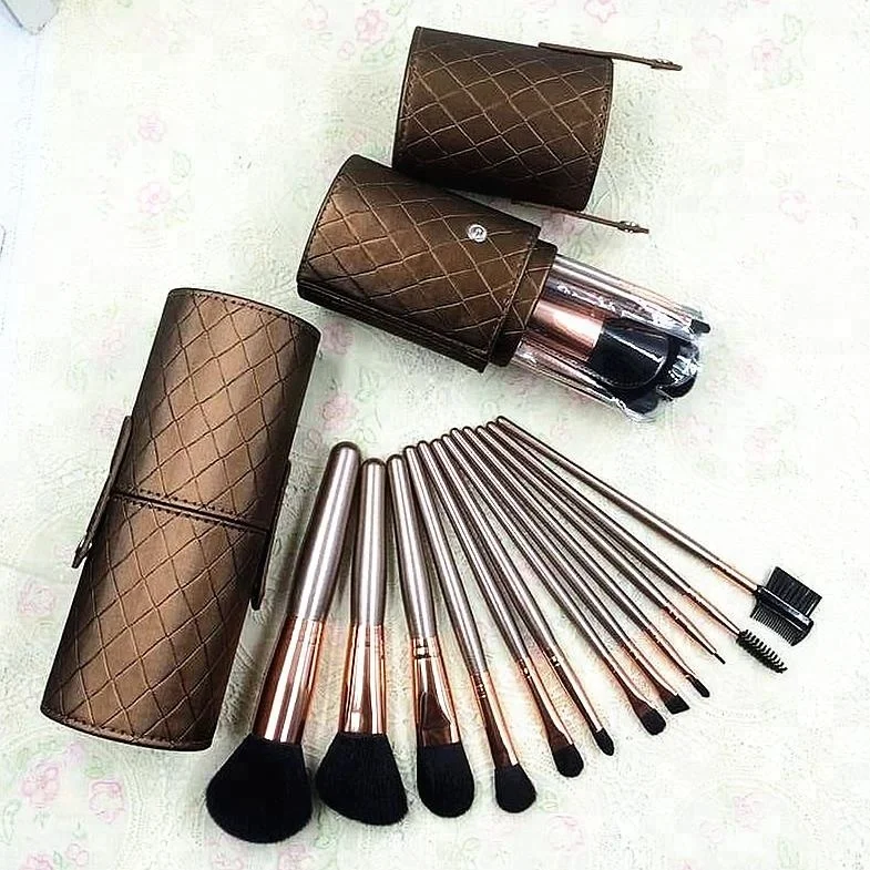 High Quality Professional Brush Set Luxury Makeup Brush 12 Piece Bronze Brush Set with Vegan Travel Case
