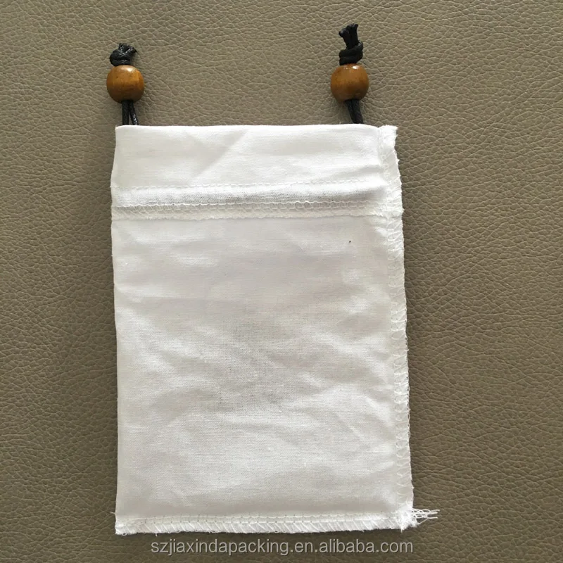 White Cotton Drawstring Pouch With Bead