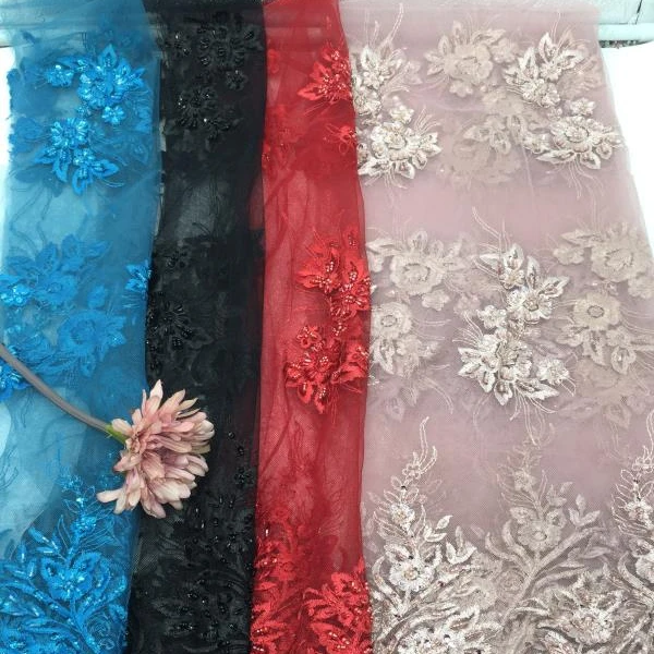 Afrian  3d beaded lace fabric with embroidery flower for evening party WTPA-211