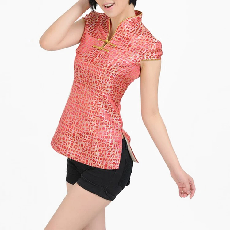 Геометрический Рисунок узор из красного сатина традиционной китайской блузка для женщин