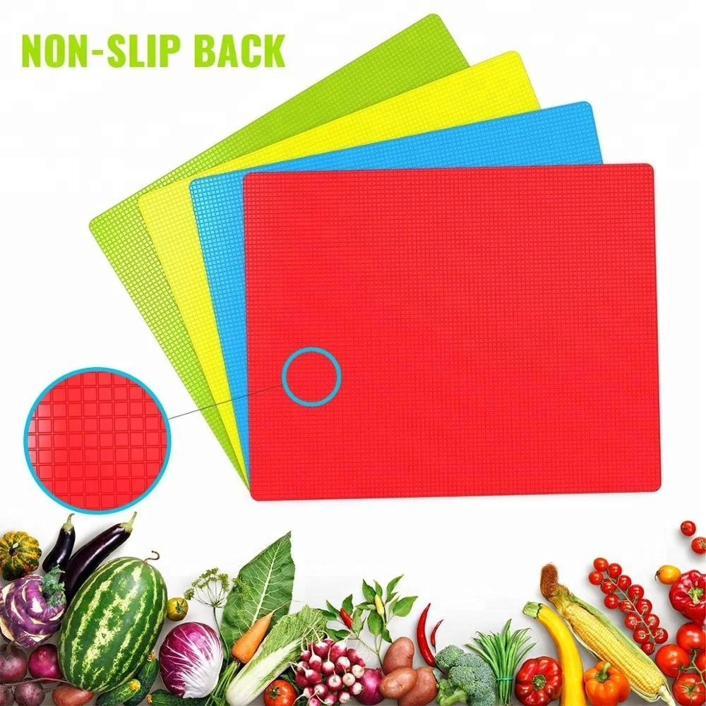 
Plastic Cutting Mat Set - Quality Thin Cutting Boards 4 Colors - Non-Toxic, Flexible & Non-Slip - Perfect for Chopping Vegetable 