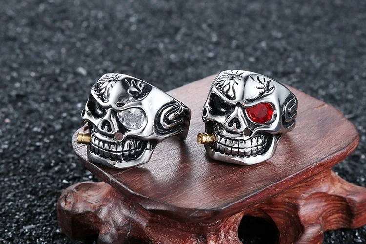 Heavy Stainless steel Punk Golden Bullet Red CZ Eye Skull Rings in Stock