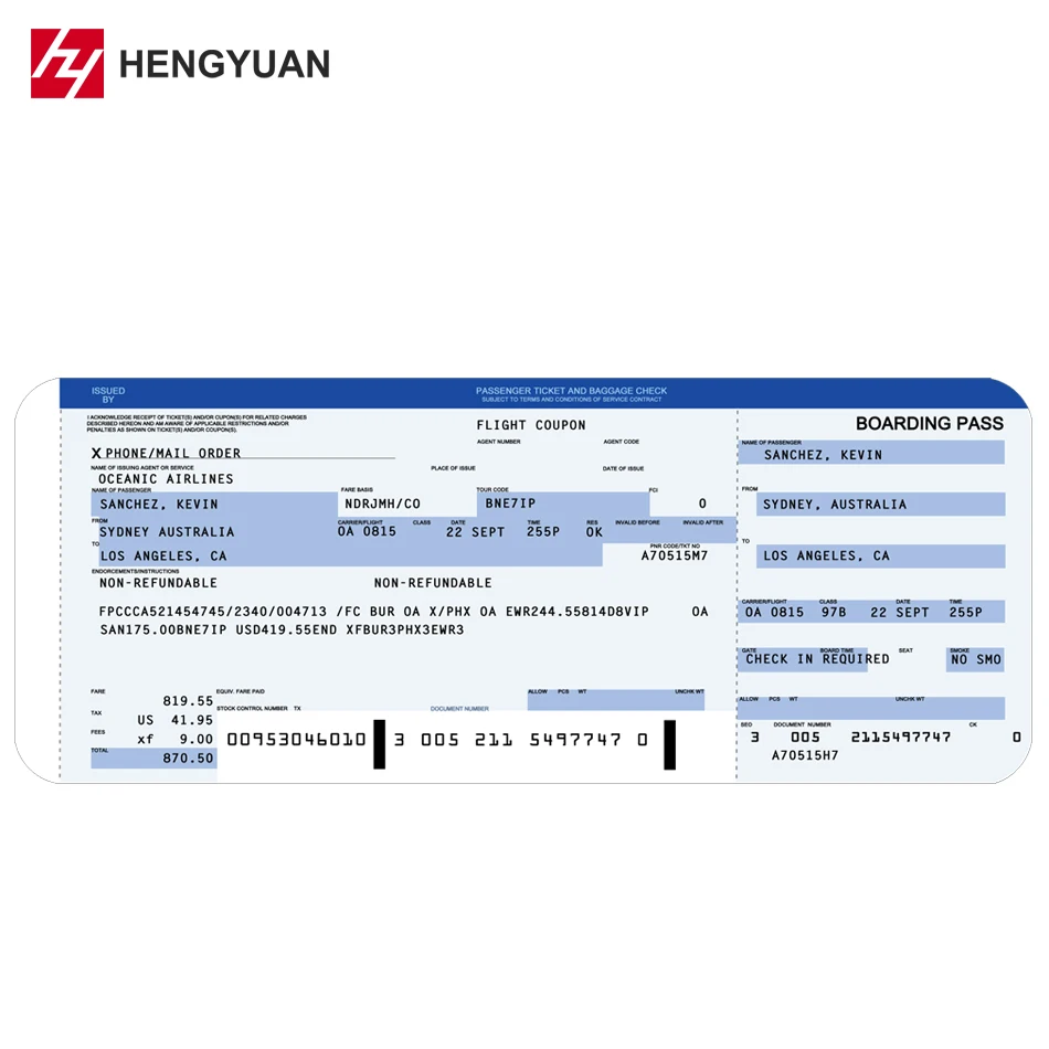 Experienced Manufacturer Good Quality Best Price Custom Logo Direct Thermal Boarding Pass Paper Air