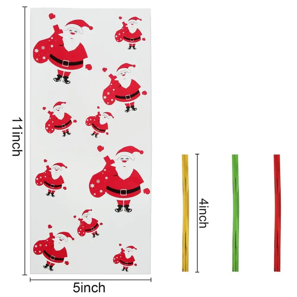 200 Pieces Christmas Cellophane Treat Bags Clear Candy Cookie Bags in Different Design with 200 Pieces Twist Ties Sugar Grocery