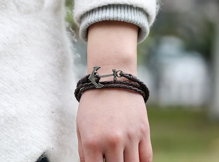 2019 PU Leather Bracelet Handmade Braid Bracelet With Metal Anchor Men Bracelet Jewelry
