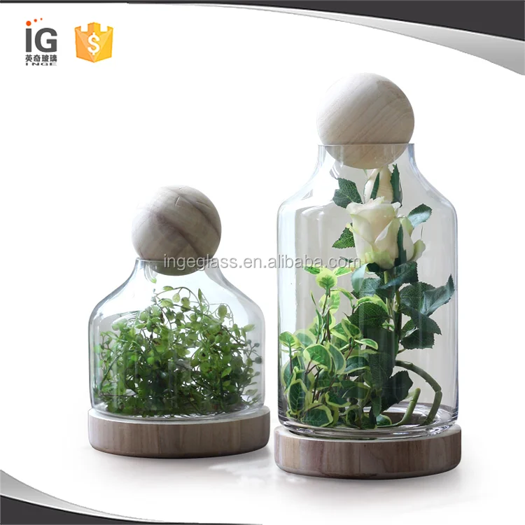 Handmade Glass Terrarium With Wood Base and Ball Lid