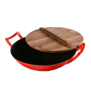 Induction Japanese Enamel Cast Iron Wok Pan With Wooden Cover