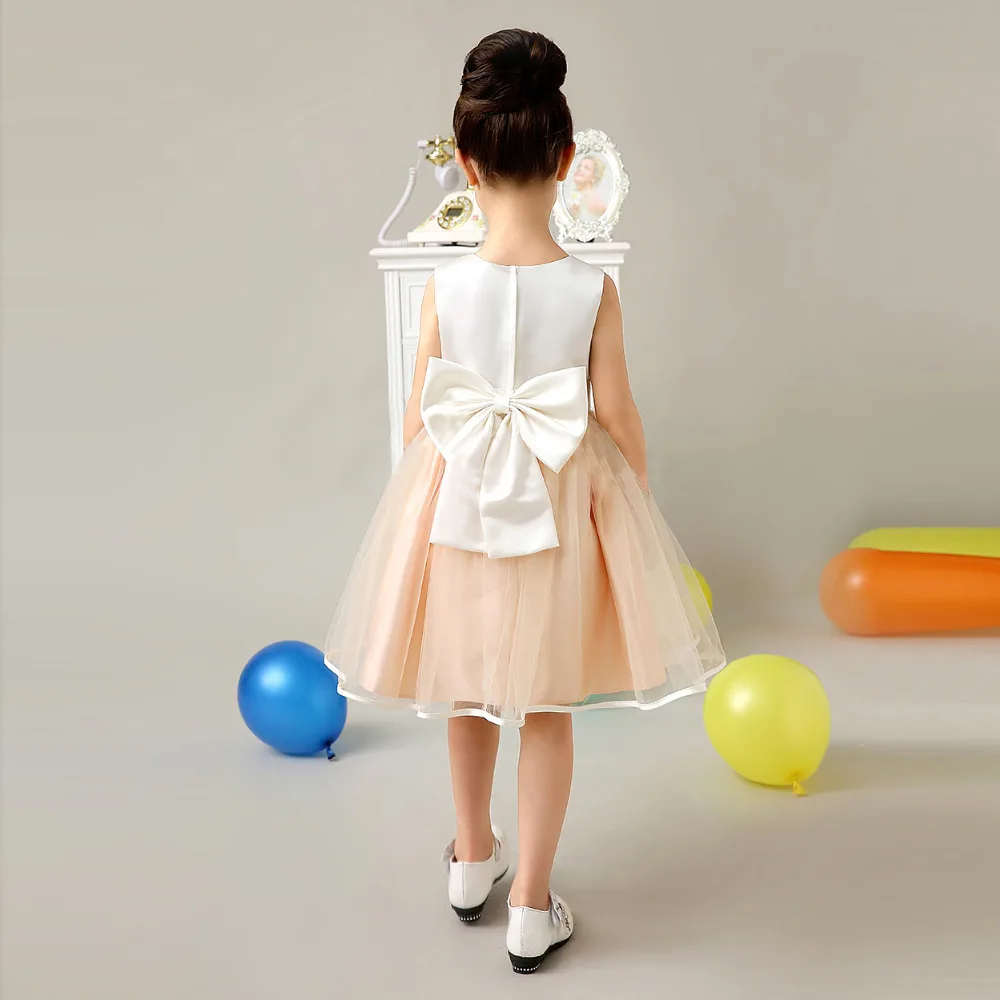 Cheap Flower Girl Dress With Ribbon Belt Mesh Ployster Tiered Girls Evening Prom Dress First Communion Gown