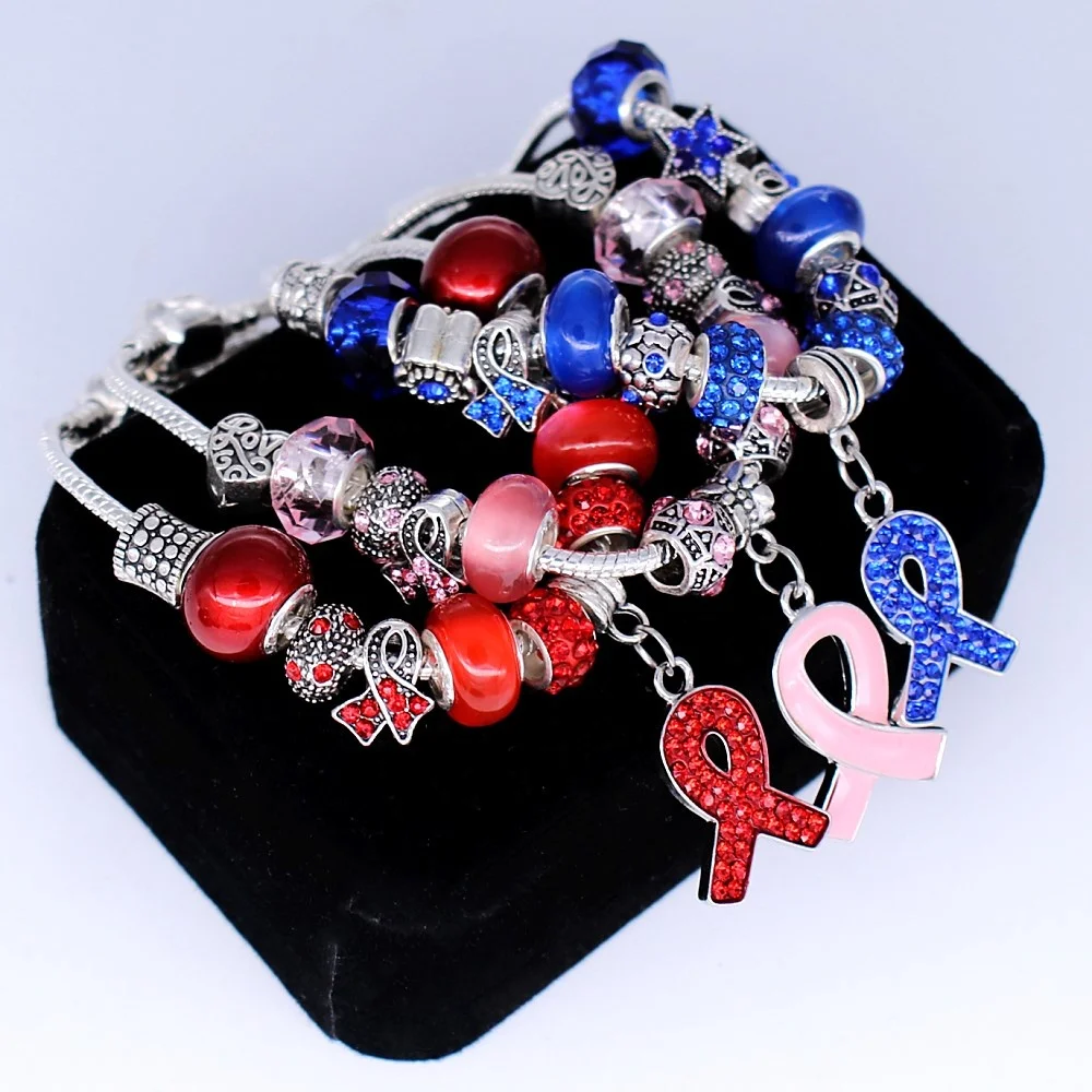 Pink RIbbon Breast Cancer Awareness Big Hole Beads Bracelets With Snake Chain For Women Survivor Souvenir Gift