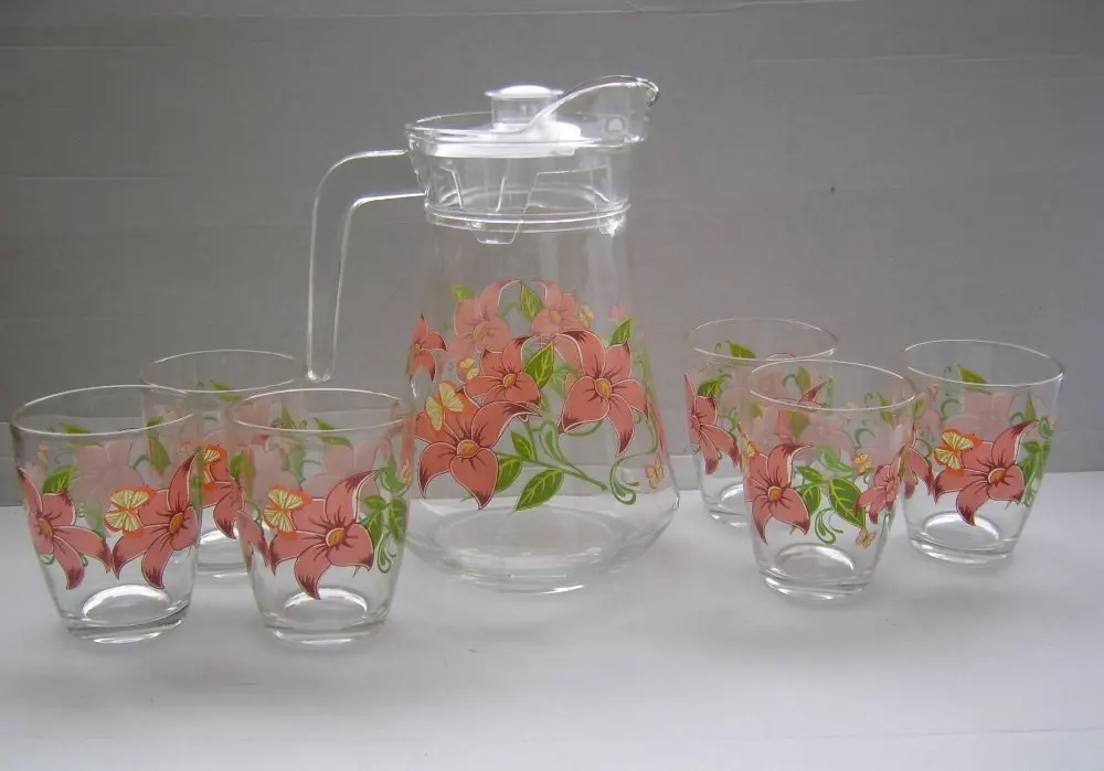 7pcs 1.2L glass Cup Glassware Set, Juice Jug With Spout Cup Promotional glass  drinking set