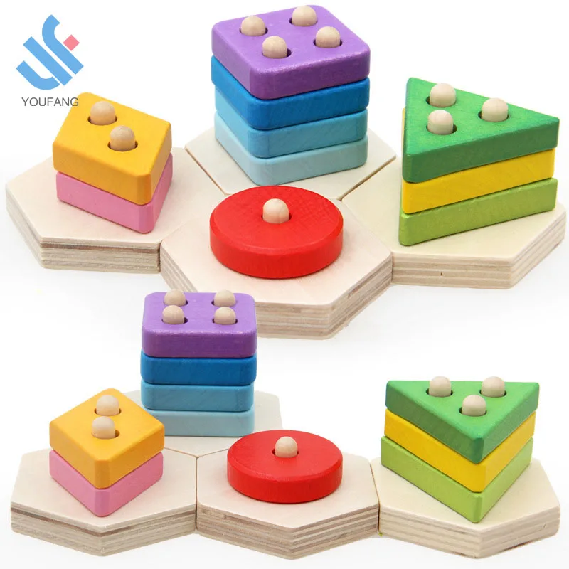 YF-Z6009 colorful wooden educational preschool toddler toys geometric shape color sorting puzzle stacking blocks toy