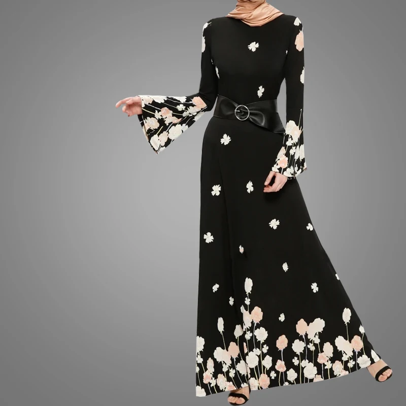 Ethnic Hijab Islamic Product Clothing Latest Style Muslim Print Floral Dress Beautiful Belt Elegant Abaya Simple For Dubai Women