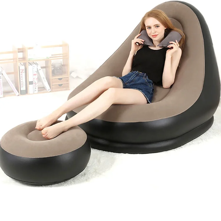 Inflatable Sofa Lounge Air Chair Indoor Outdoor Living Room Flocked PVC With Foot Rest Ottoma Stool