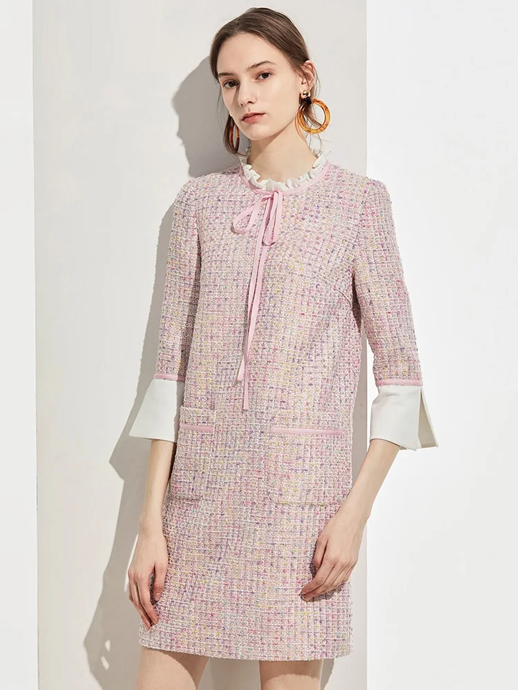 Office ladies Ruffle Round Neck Bell sleeves Pink Tweed knee-Length Fashion Dress