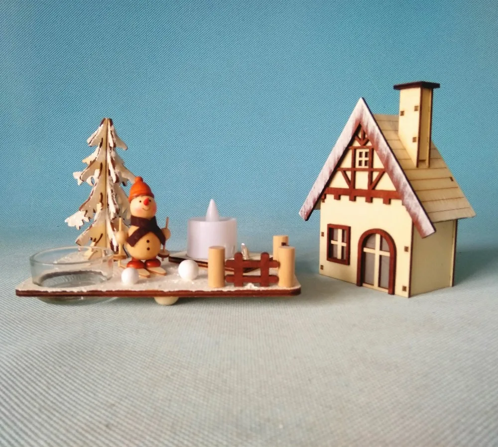 Wooden ski snowman German Christmas incense smoker village house with led light for one tea candle