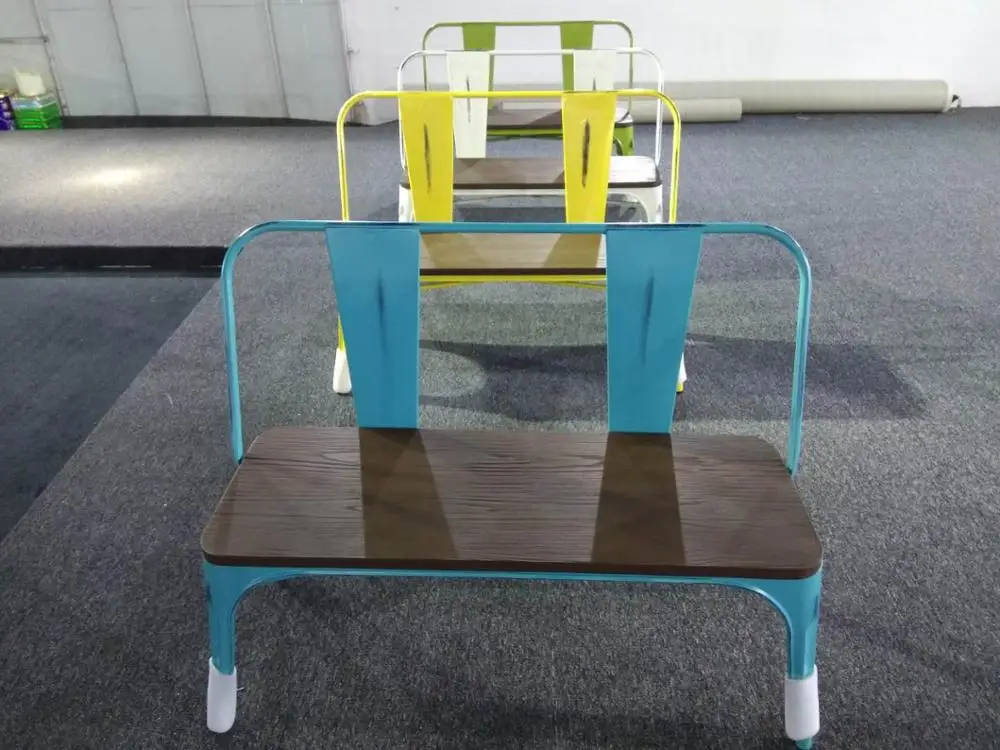 Colourful vintage color solid wood and metal park bench chair iron steel frame indoor and outdoor furniture dining chair