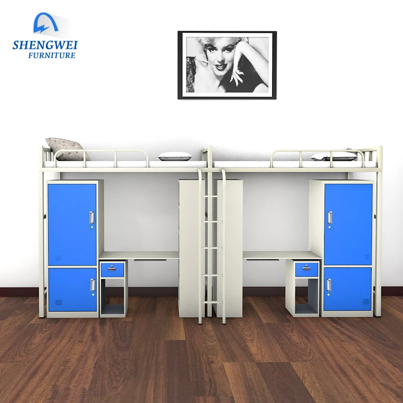 School modern design steel bed frame dormitory bunk bed with desk and wardrobe