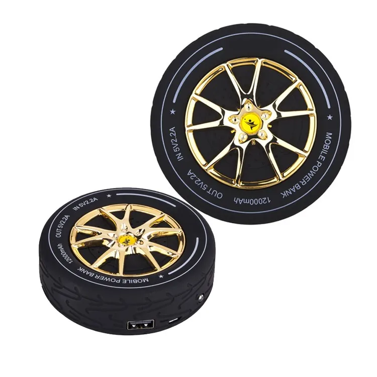 Fashion car wheel tire shaped mobile battery charger,12000mah 2A output tyre power bank for smartphone