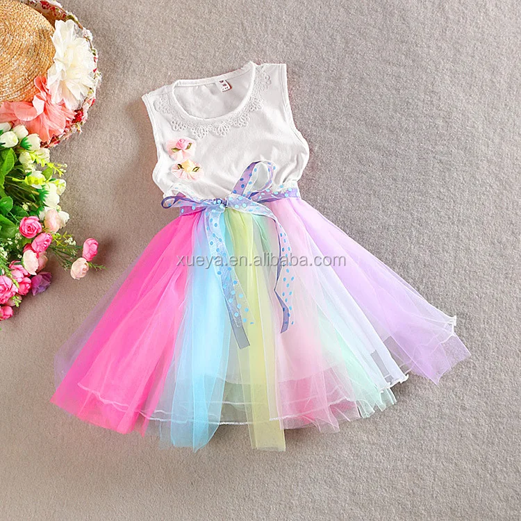 
Rainbow colorful long dress baby teen girl dress 