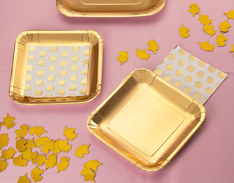 Wholesale New Hot Sell Disposable 250gsm  9 inch Square Gold Foil Paper Plates