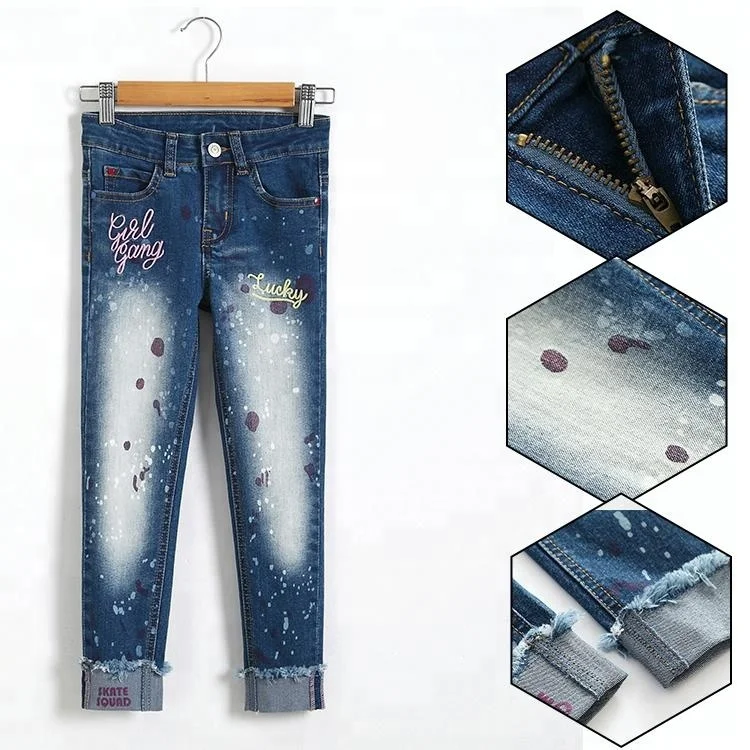 
Wholesale china cheap slim fit color print embroidered children jeans 