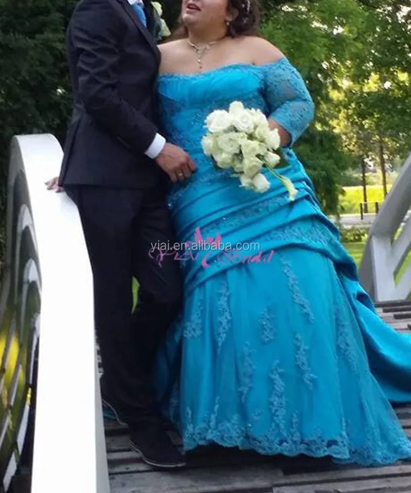 RSW766 Off The Shoulder Long Lace Sleeved Pleated Satin Plus Size Royal Blue Wedding Dresses For Big Women And Baby Girl