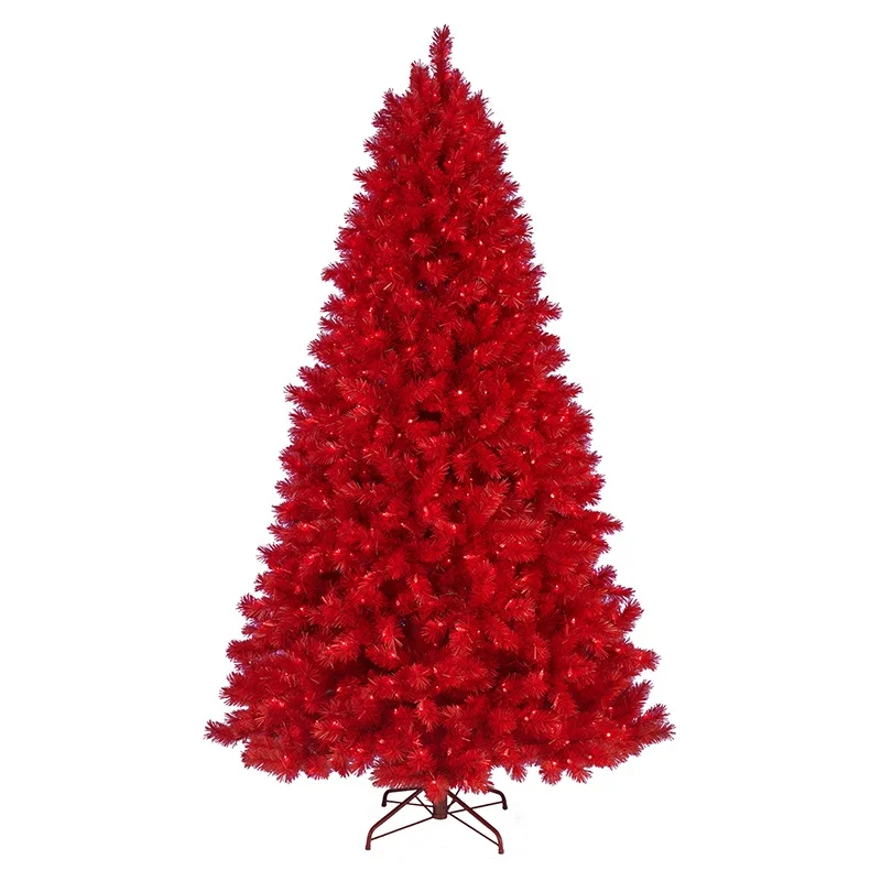 High quality Cheap Christmas led lighted decorative plastic Pine Needle Artificial Red Christmas Trees