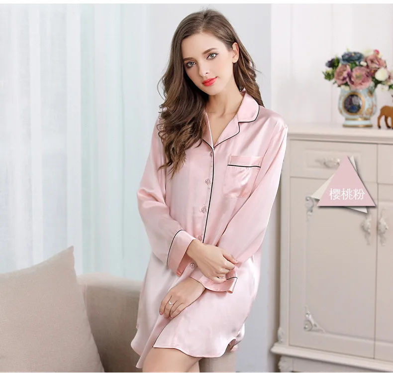 Sleep Shirt, 100% Silk Pajama Top Long Sleeve Nightshirt