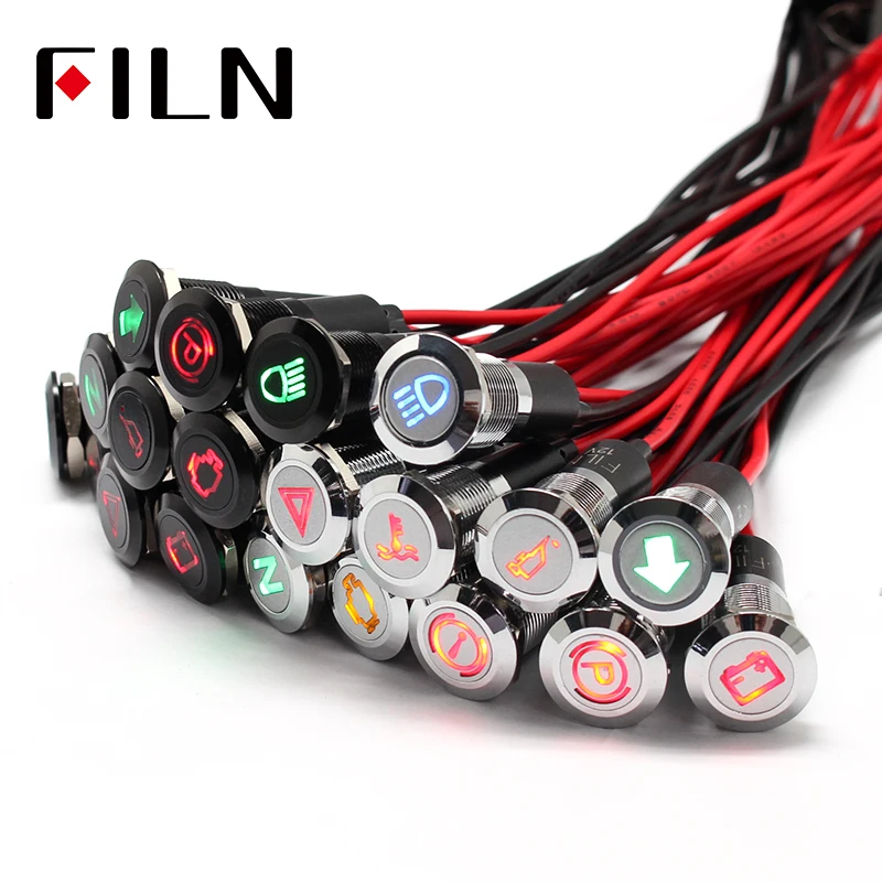 FILN 12V LED Car Boat LED Warning Dashboard Signal Lights Instrument Pilot light 12mm Waterproof Lamp Black Chrome finished