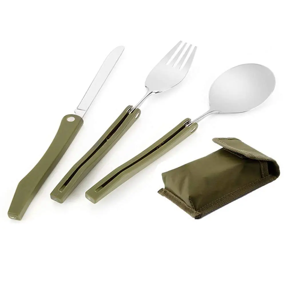 3 Pieces Camping Utensil Portable Stainless Steel folding Spoon Fork Knife Tableware Cutlery Set for Traveling Outdoor