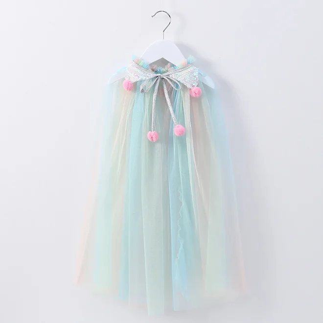 
KS0599 Glitter sequin design girls cloak party wear tulle girls cape with pom pom 