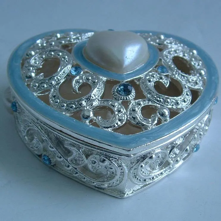 Heart Shape Silver Plated Pink Pearls Jeweled Metal Zinc Alloy Jewelry Box For Trinket Storage For Mother Girlfriend Gifts
