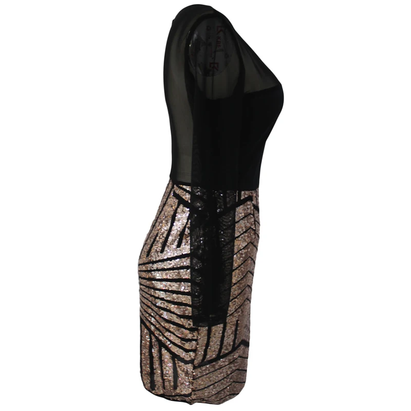 
Hot Selling Cheap Black Long Sleeve Mesh Shadow Sequin Bottom Dress 