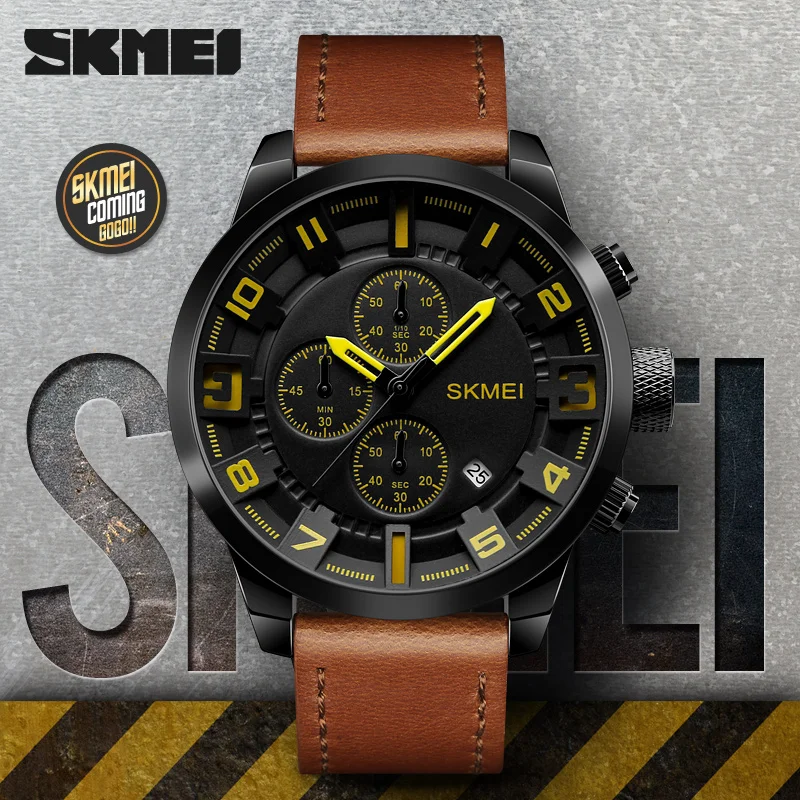 OEM accept SKMEI mens Watches Men Big Dial Stopwatch Leather Strap Waterproof  Male Clock  Men Fashion Watch Relogio Masculino