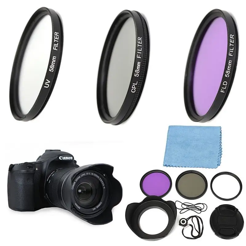 OEM 58mm UV FLD CPL Circular Polarizing Filter Kit Set + Lens Hood For Canon EOS 1200D 750D Rebel T4i T3i for T3 T2i T1i XT XS XSi
