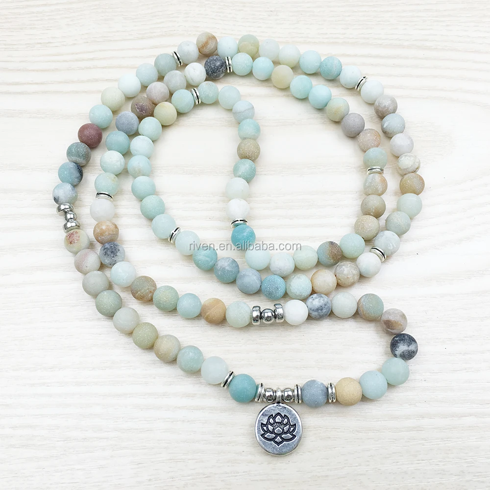SN1142 8mm Frosted Matte Amazonite Prayer Beads Lotus Om Man 108 Amazonite Mala Beads Bracelet for Men