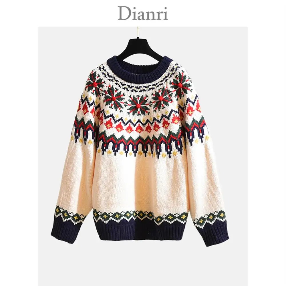 women fashion christmas fashion style loose sweater with multicolor jacquard knit