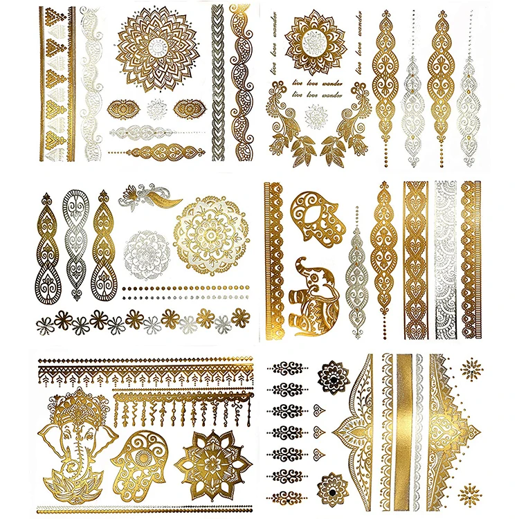 New design stylish waterproof gold silver temporary henna sticker flash tattoo