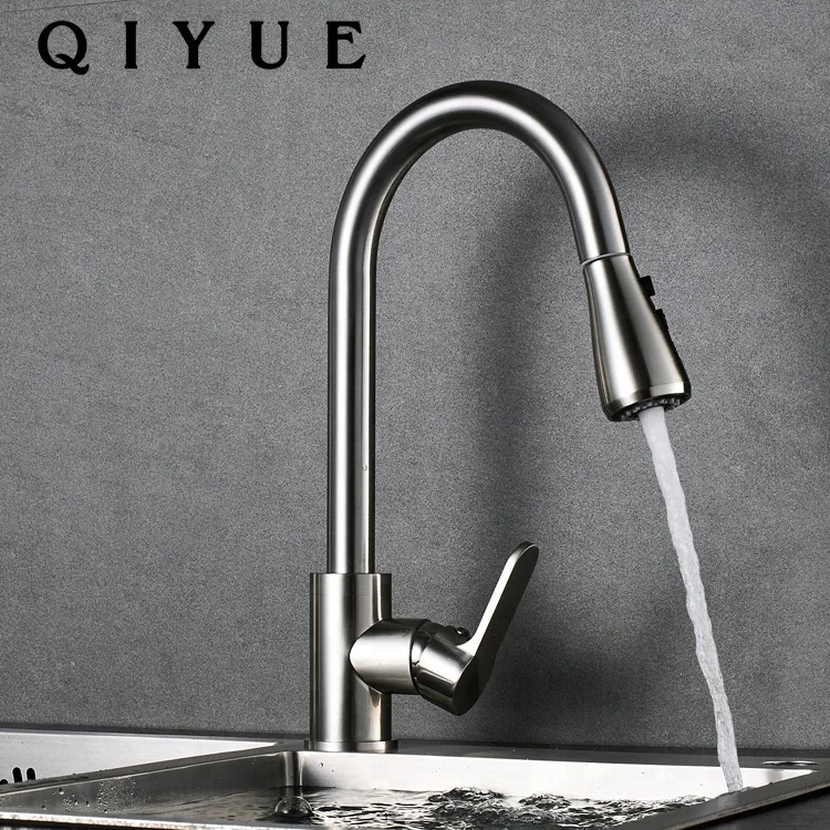 Deck mounted single handle brushed nickel finish pull out spout brass kitchen sink faucet taps