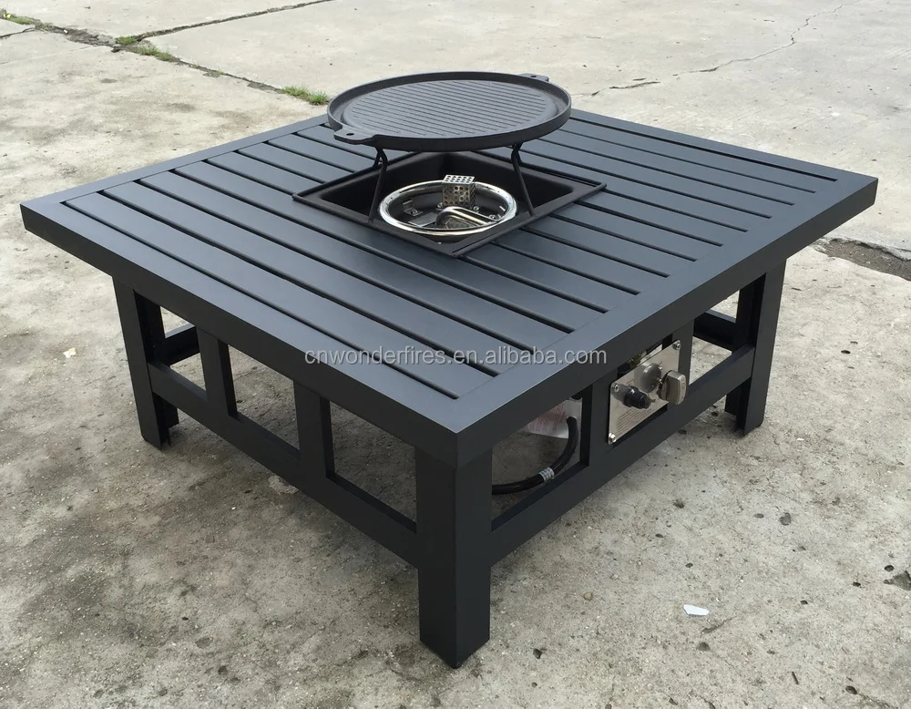 Promo Aluminum Outdoor gas square fire pit table with BBQ griddles