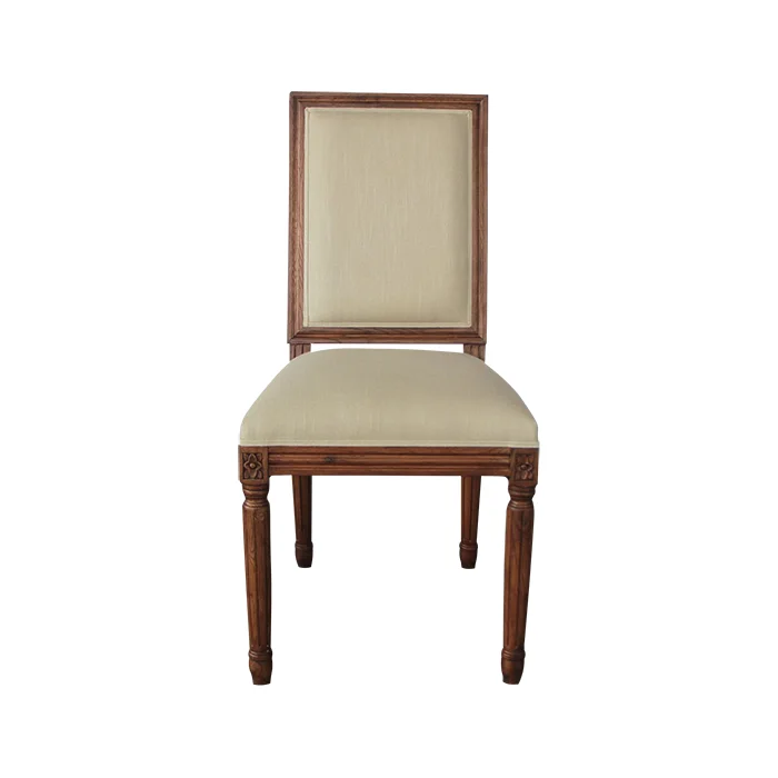 French Country Farm House Style Dining Room Furniture Linen Fabric Upholstered Oak Wood Louis Dining Chairs