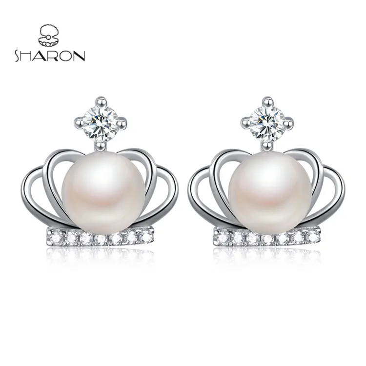 Wholesale Fashion Jewelry 925 Sterling Silver Jewelry Crown Pearl Stud Earrings