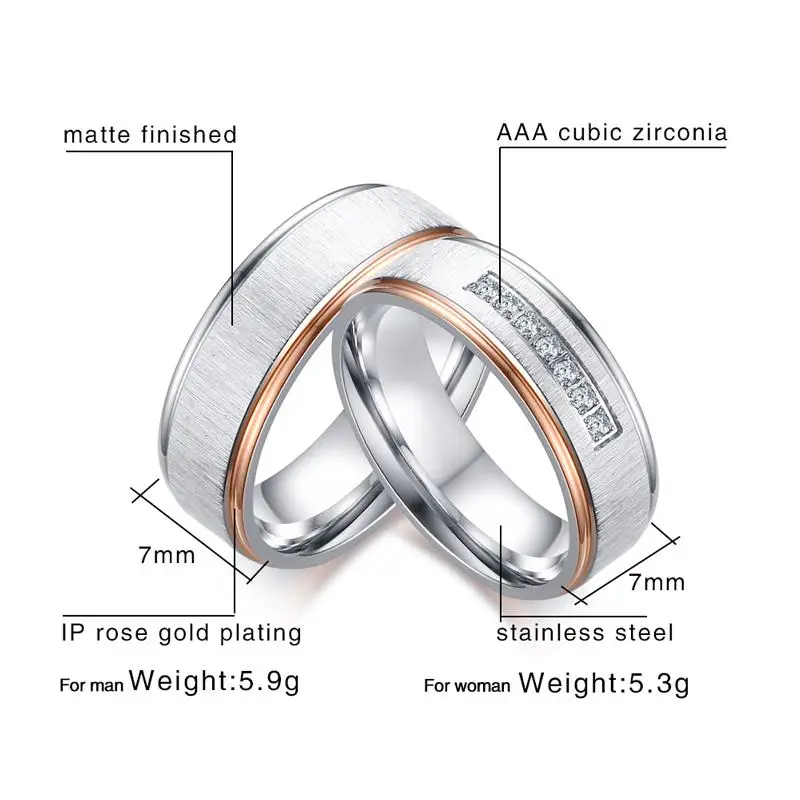 Silver Color Wedding Rings Cubic Zirconia Love Promise Couples Rings Set Stainless Steel Alliance Wedding Band