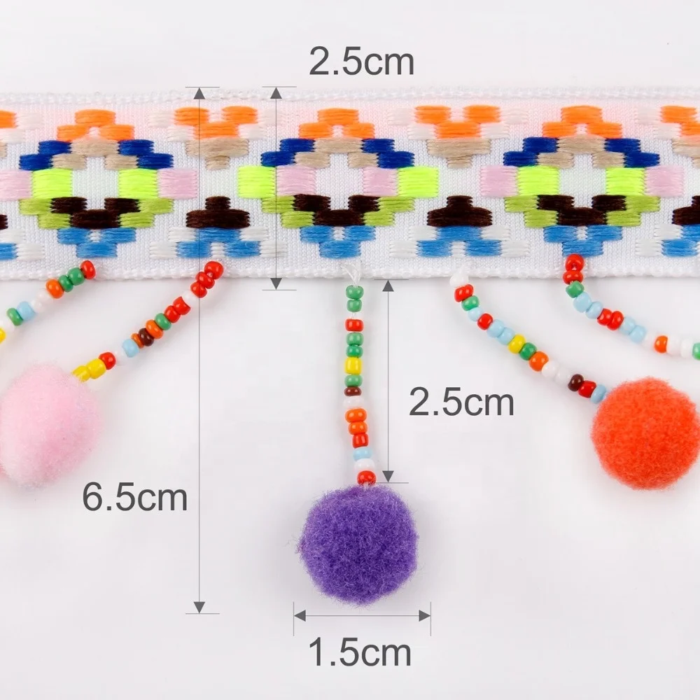 Wholesale Best Selling 6.5cm Multicolor Pompom Tassel Beaded Fringe Trim for Clothing