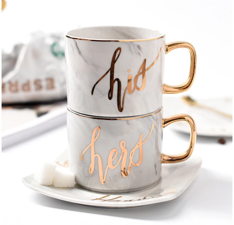 
Personalized gold rim ceramic marble coffee cup with saucer 