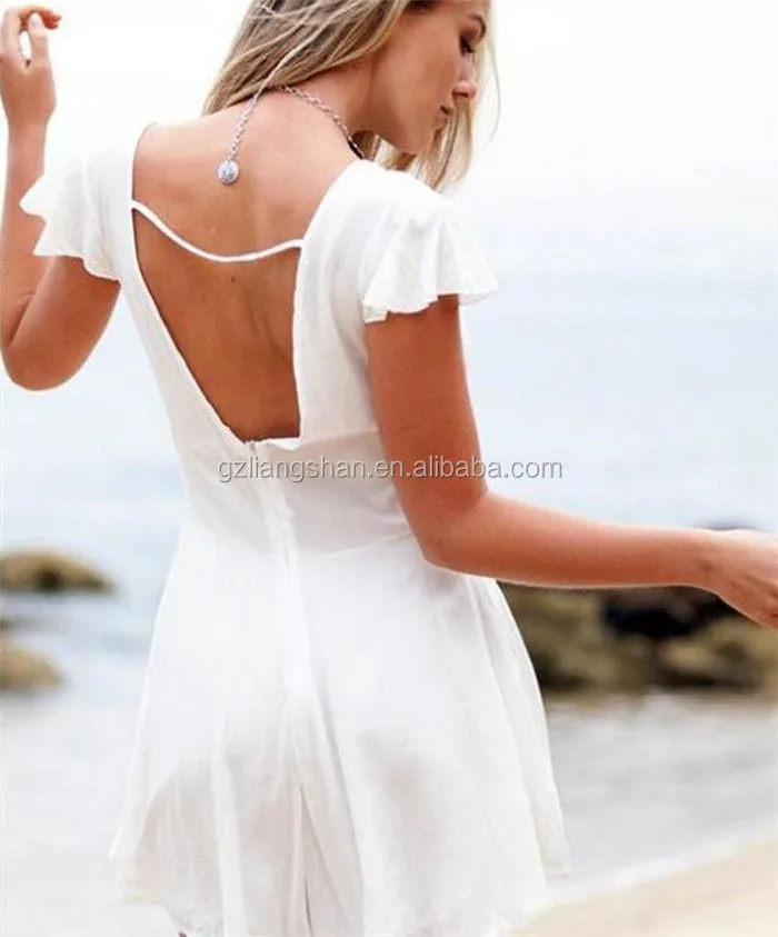 
2015 European Style Brand New V Neck Chiffon Jumpsuit Summer Women Cap Sleeve Backless White Loose Short Jumpsuits Women 