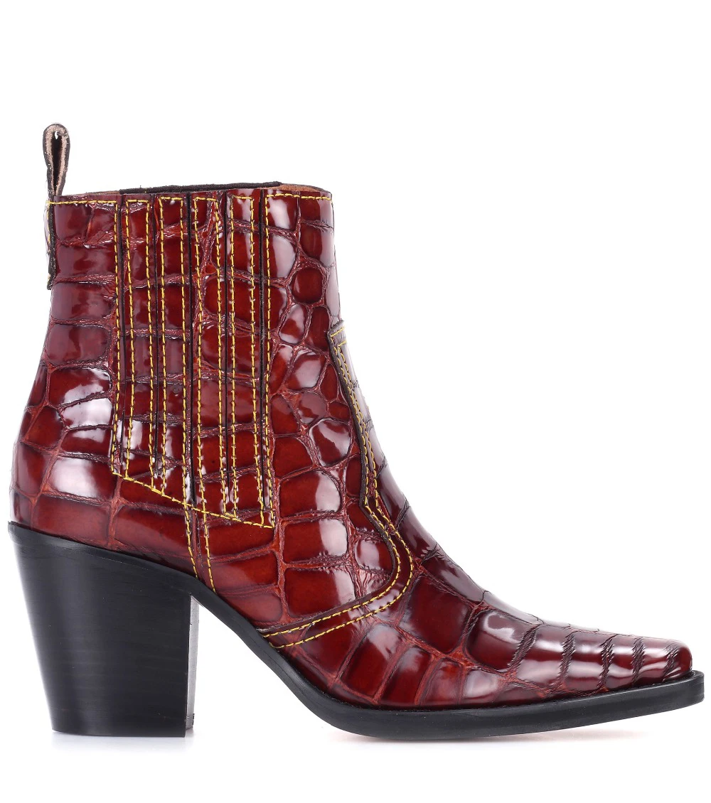 Женские ботильоны Техасские на квадратном каблуке красные лакированные полусапожки без застежек коричневые ковбойские ботинки с крокодиловым принтом среднем 2019