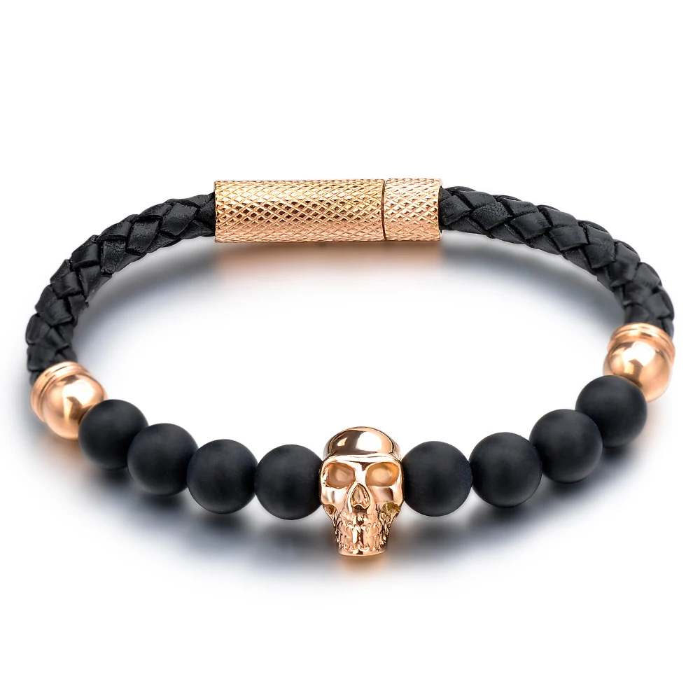 Fashion Tiger Eye Stone Bead Gold Skull Charm Leather Bracelet For Men,Mens Bracelets Skull Jewelry