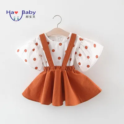 Hao Baby Korean Children Clothing Wholesale Summer Solid Color Dot Short-Sleeved Shirt With a Skirt Clothes Baby Girl